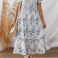 Blue Floral Smocked Tiered Dress with Puff Sleeves