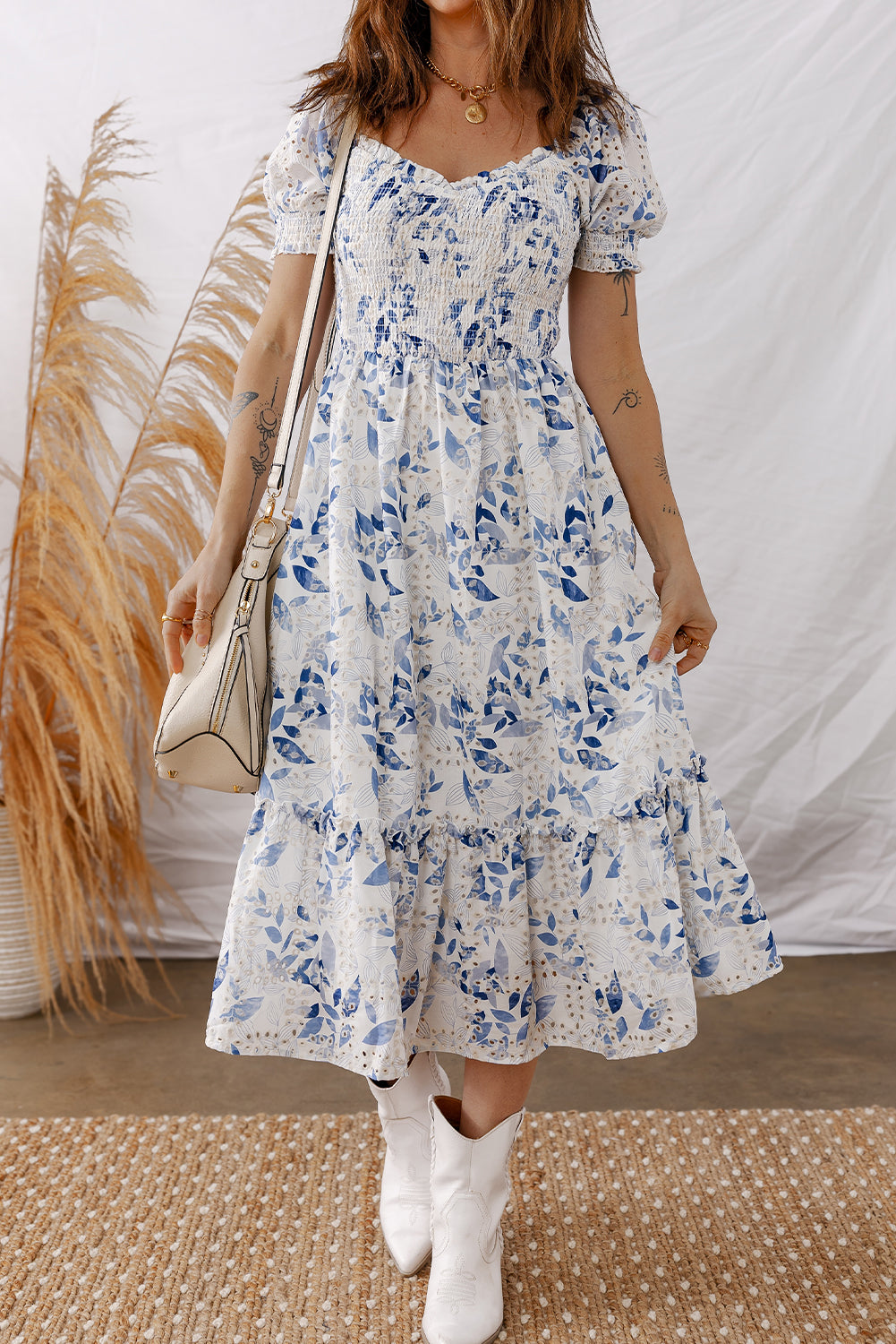 Blue Floral Smocked Tiered Dress with Puff Sleeves
