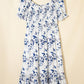 Blue Floral Smocked Tiered Dress with Puff Sleeves