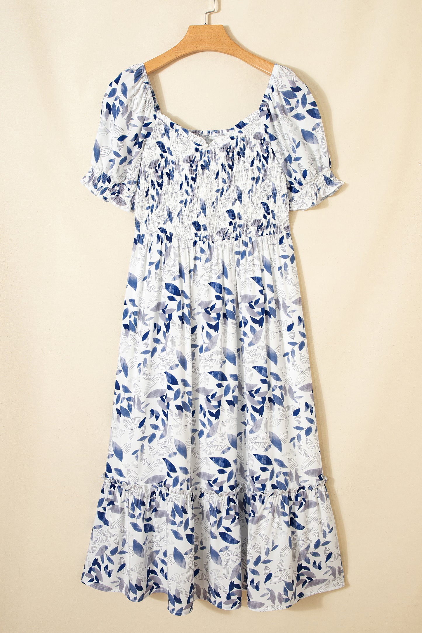 Blue Floral Smocked Tiered Dress with Puff Sleeves