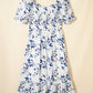 Blue Floral Smocked Tiered Dress with Puff Sleeves