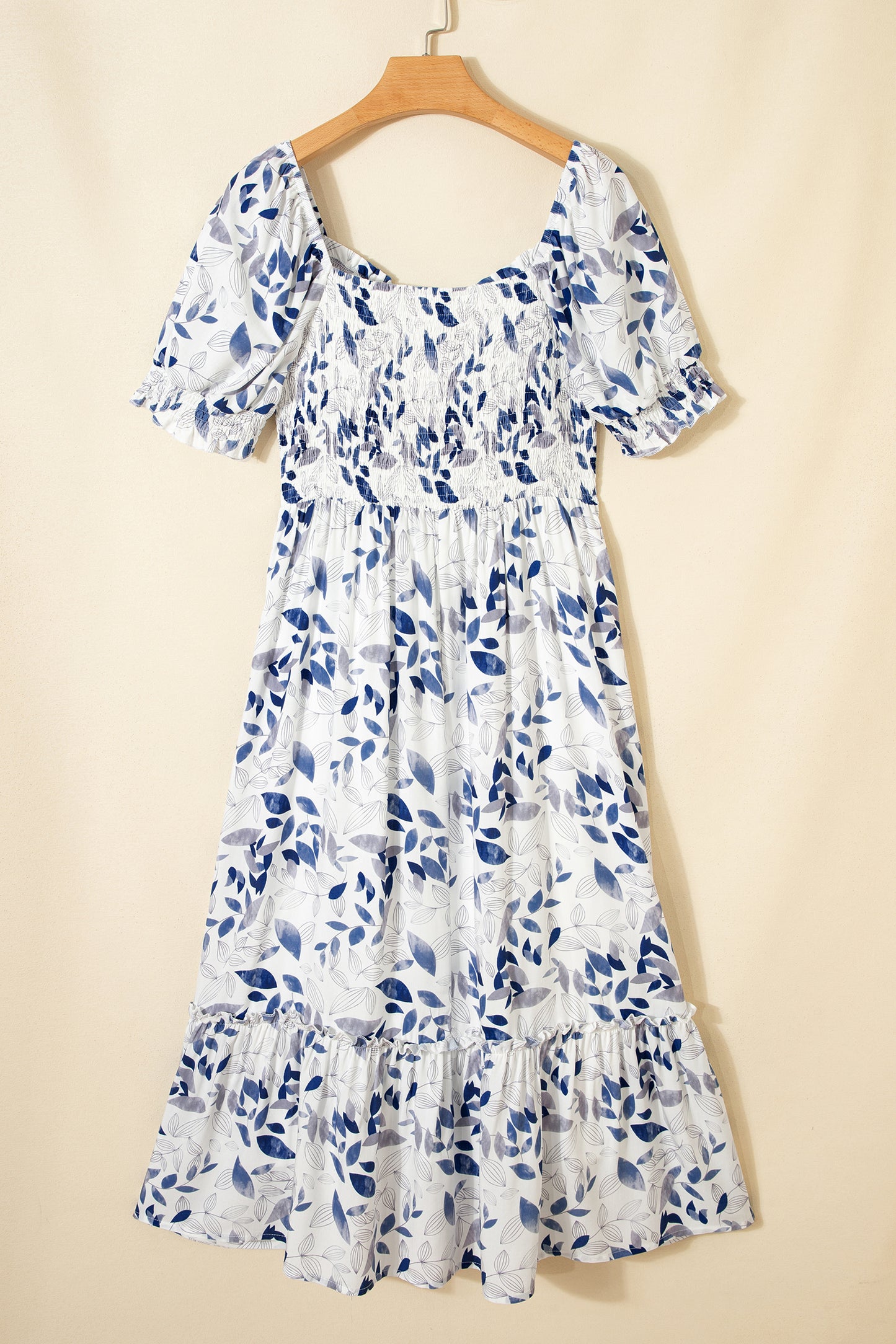 Blue Floral Smocked Tiered Dress with Puff Sleeves