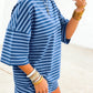 Blue Stripe Striped Ribbed Cotton Two-Piece Short Set
