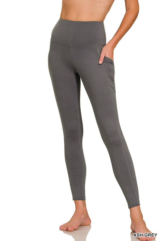 Grey Brushed Microfiber Full Length Leggings with Pockets