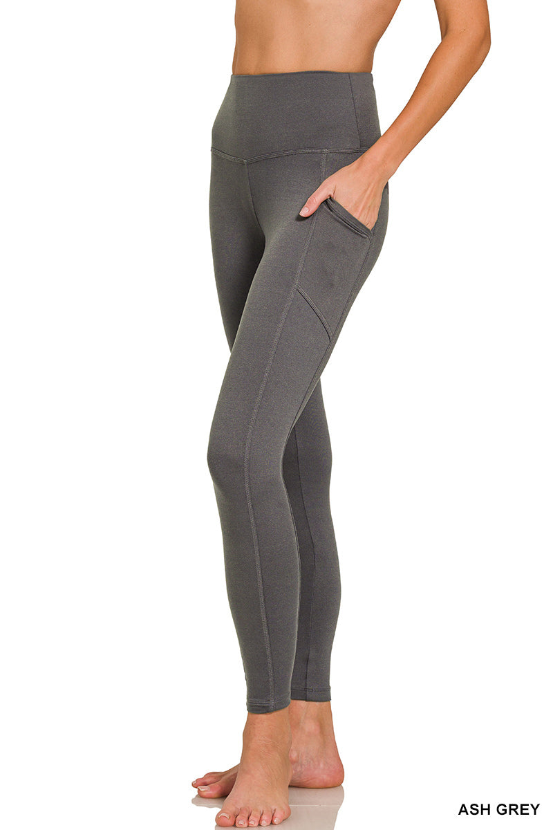 Grey Brushed Microfiber Full Length Leggings with Pockets