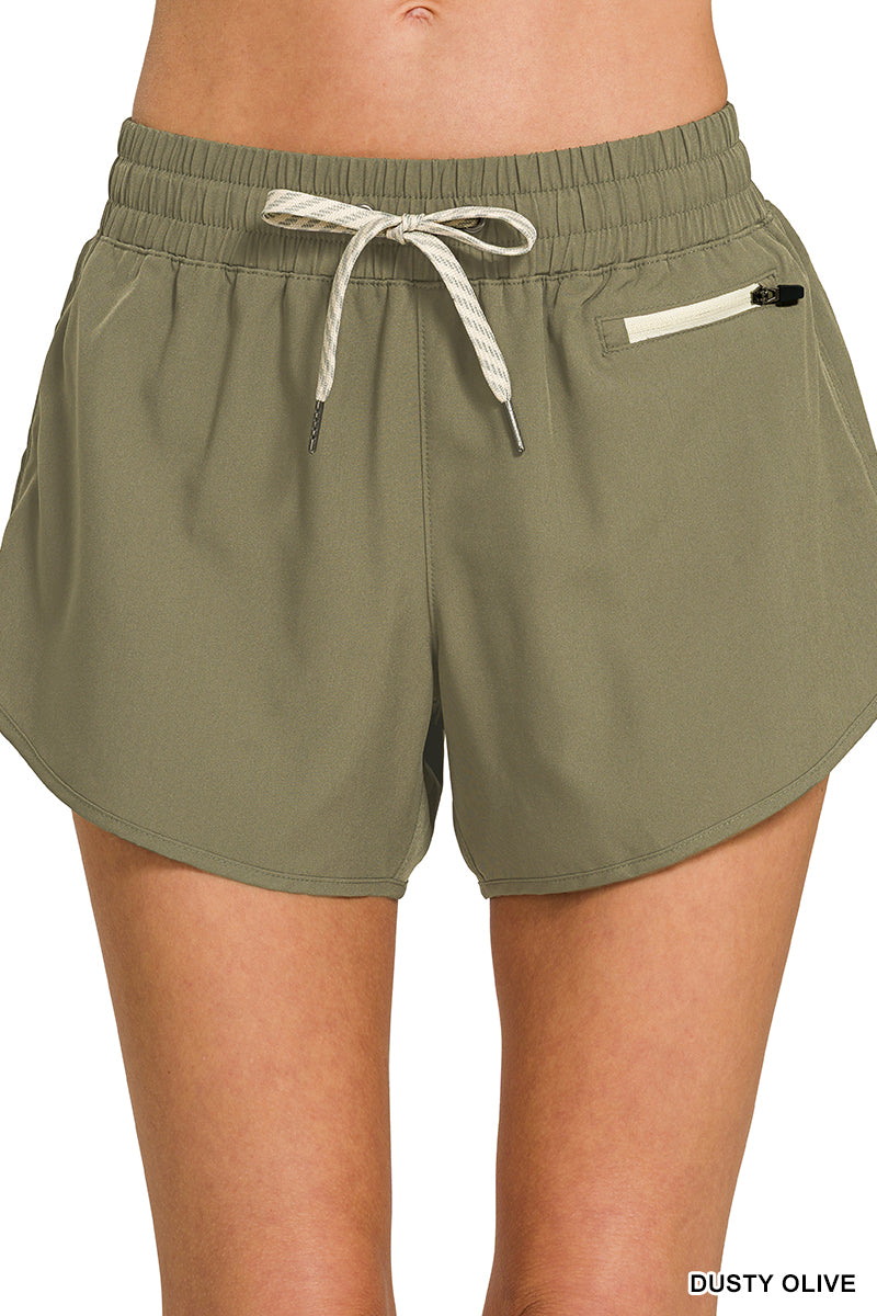 Olive Soft Lined Workout Shorts with Zip Pocket