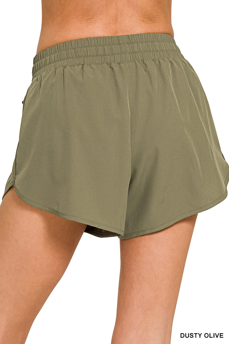 Olive Soft Lined Workout Shorts with Zip Pocket