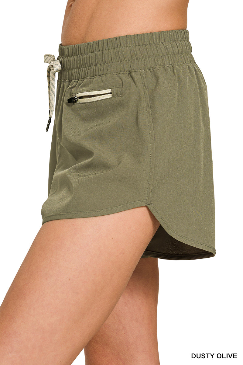 Olive Soft Lined Workout Shorts with Zip Pocket