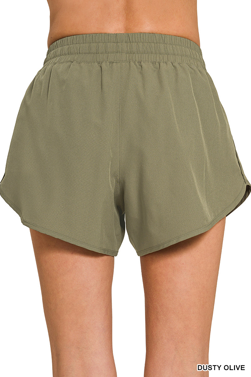 Olive Soft Lined Workout Shorts with Zip Pocket