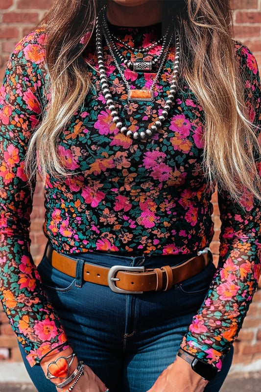 PLUS Long Sleeve Rose Floral Mesh Top