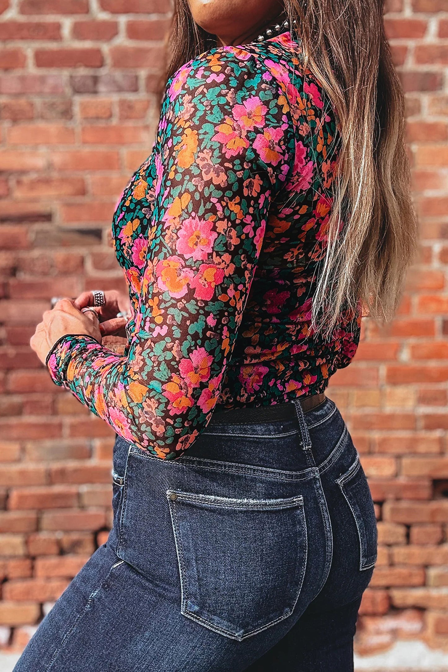 PLUS Long Sleeve Rose Floral Mesh Top