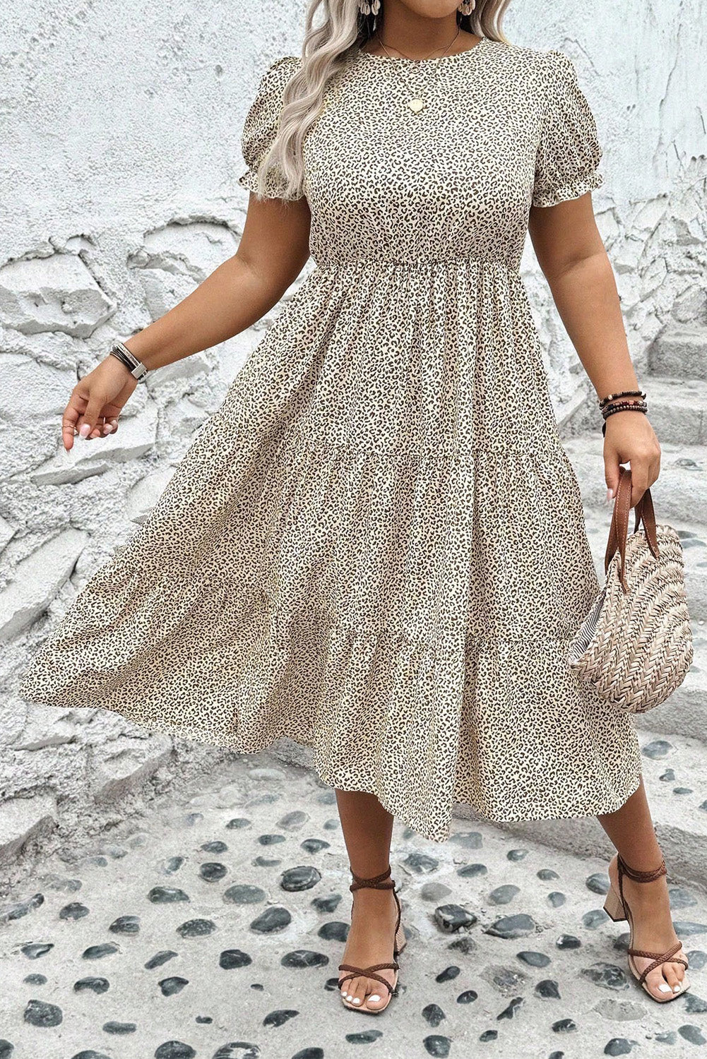 PLUS Leopard Print Short Sleeve Flared Dress