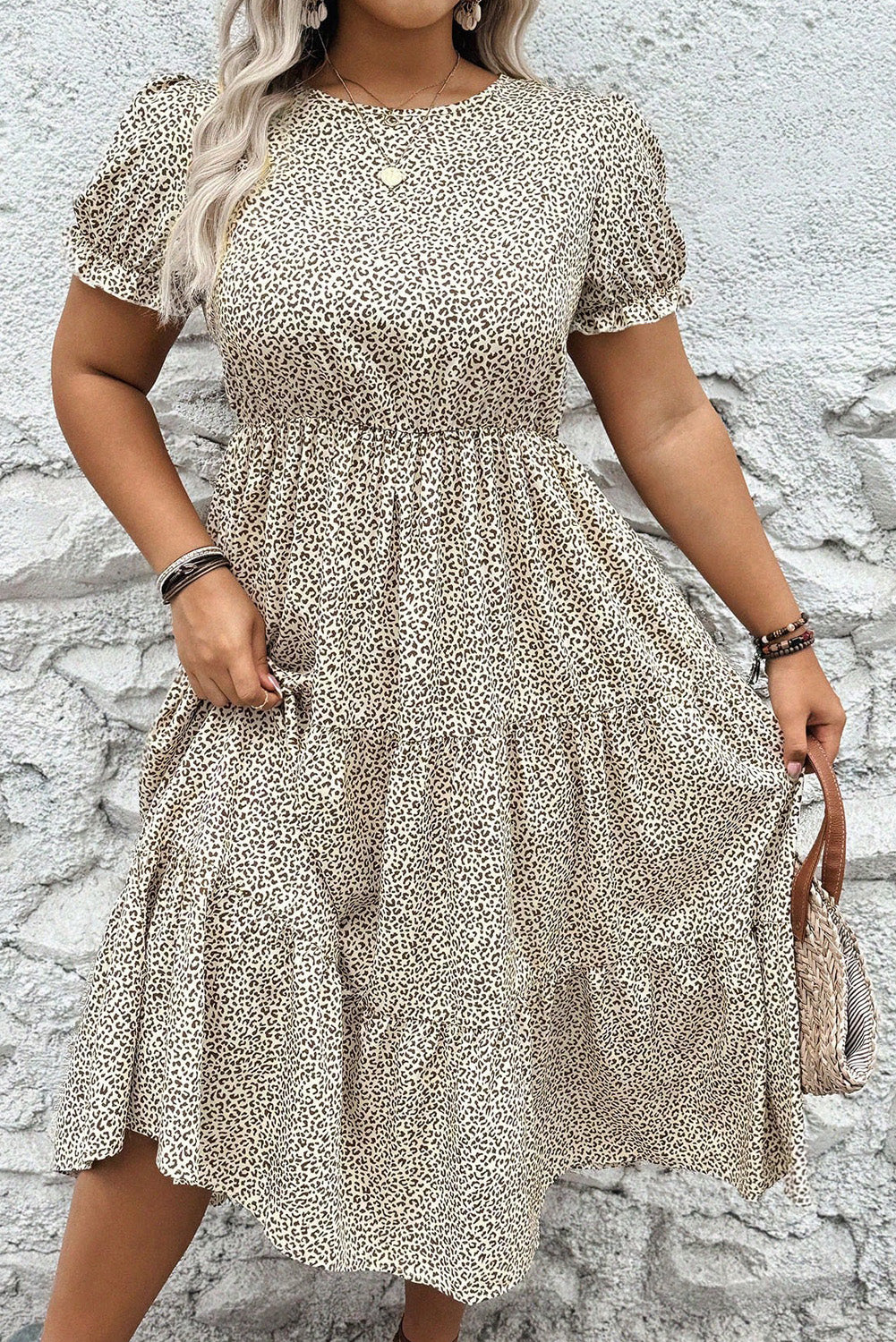 PLUS Leopard Print Short Sleeve Flared Dress