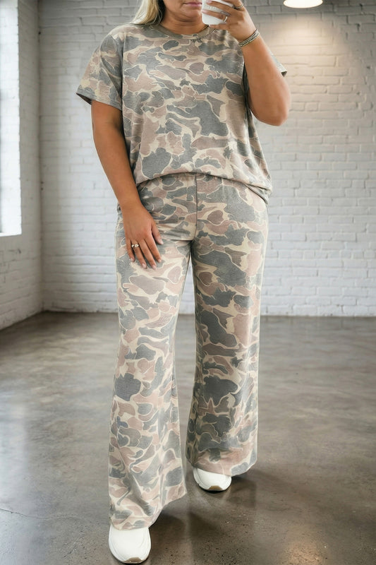 PLUS Camo Print Short Sleeve Top & Pant Set