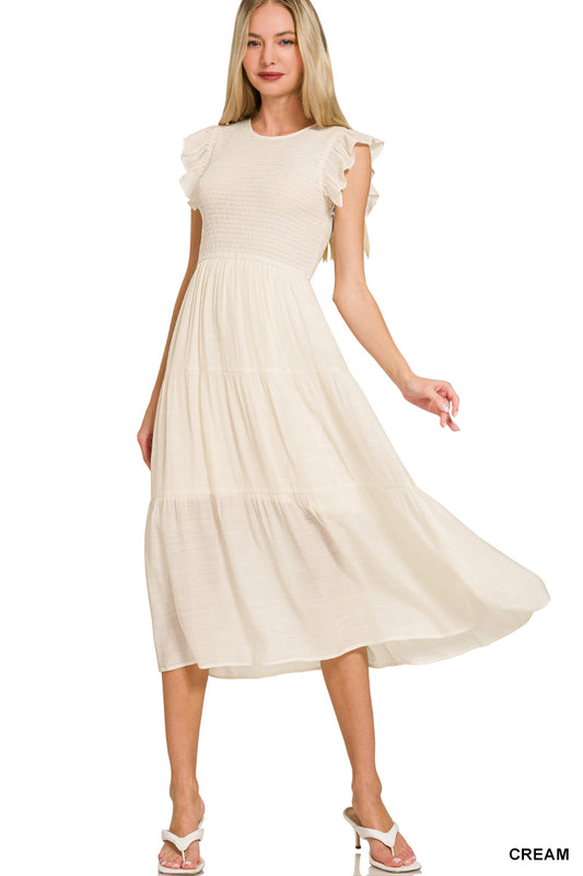 Cream Woven Smocked Ruffle Sleeve Midi Dress