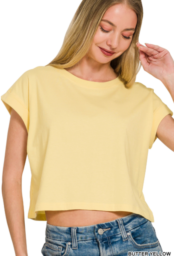 Butter Yellow Cotton Folded Sleeve Cropped Top
