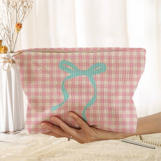 TRAVEL CHECKER BOW COSMETIC MAKEUP POUCH BAG | 40P551: Pink