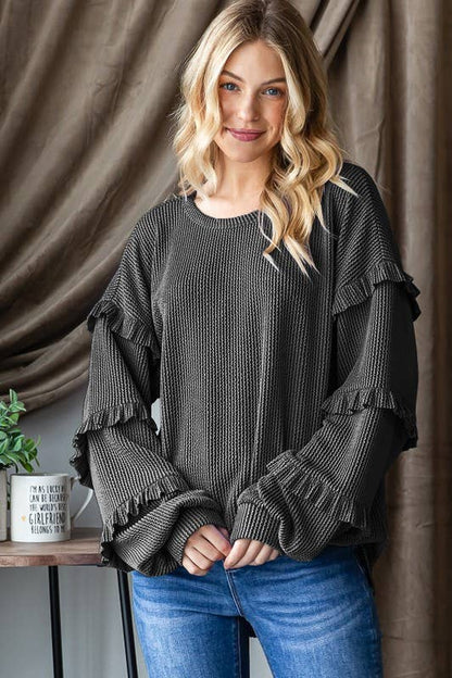 Coral Ruffle Sleeve Long Sleeve Top