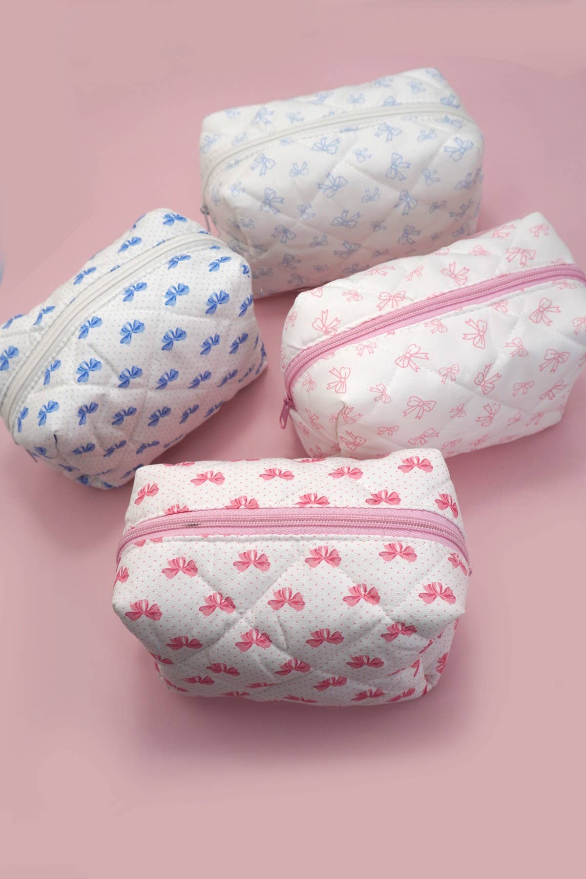 BLUE BOW QUILTED COTTON BOW COSMETIC POUCH BAG