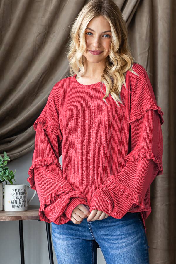 Coral Ruffle Sleeve Long Sleeve Top