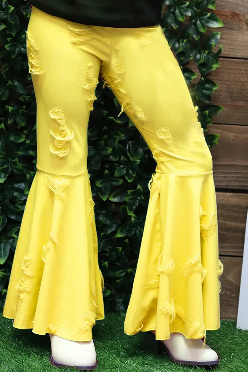 KIDS BRIGHT YELLOW DISTRESSED BELL PANTS.