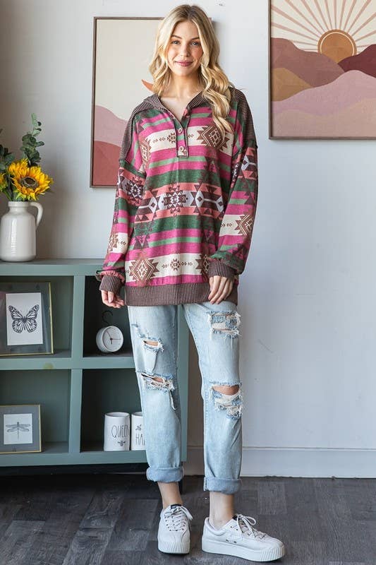 Aztec Print Hooded Long Sleeve Top