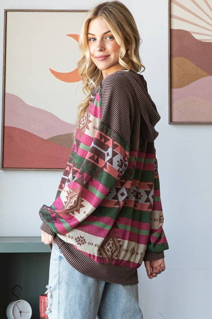 Aztec Print Hooded Long Sleeve Top