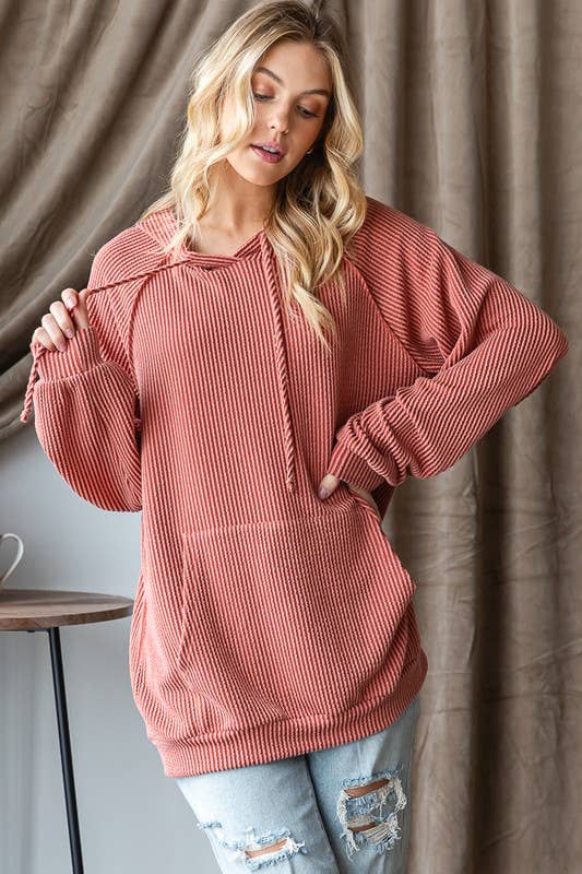 Cinnamon Long Sleeve Ribbed Hoodie Top