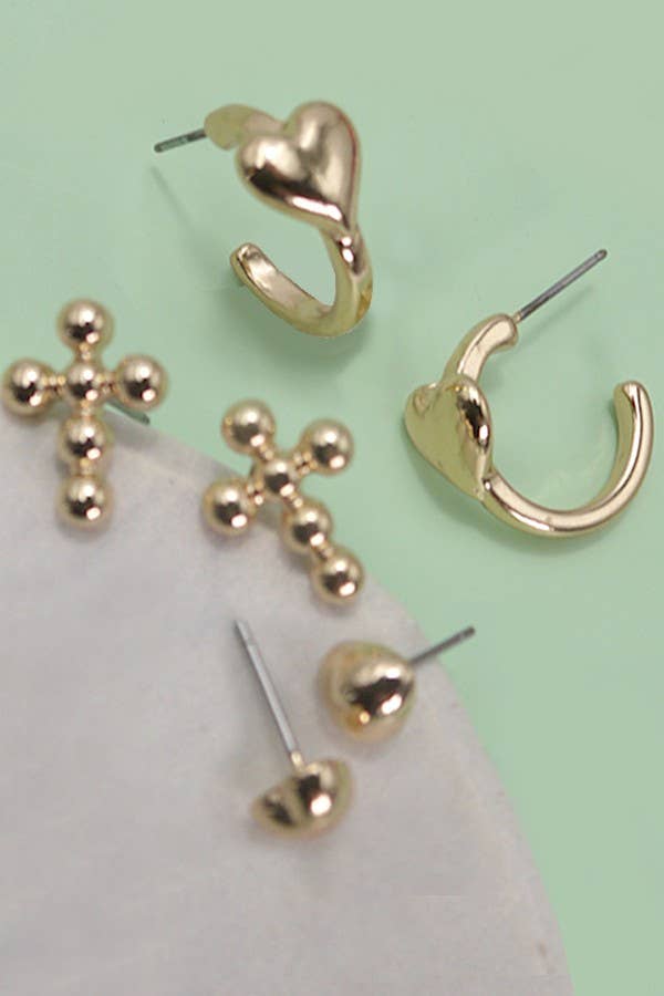 HEART CROSS  HUGGIE HOOP TRIO EARRINGS | 80E3421: Gold