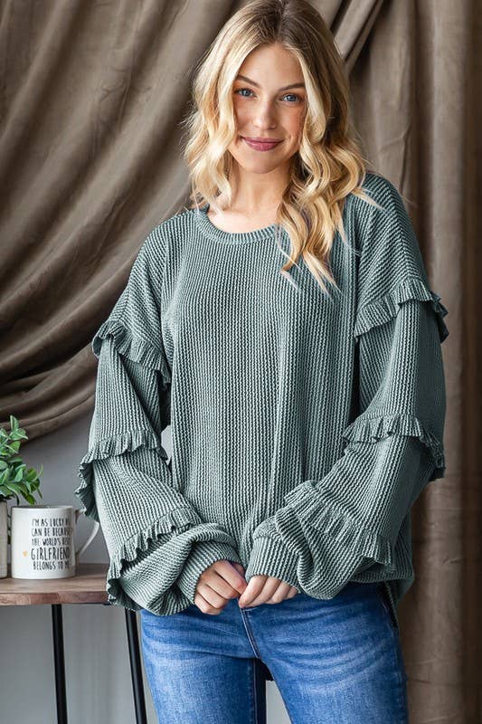 Coral Ruffle Sleeve Long Sleeve Top