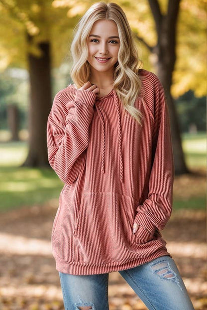 Cinnamon Long Sleeve Ribbed Hoodie Top
