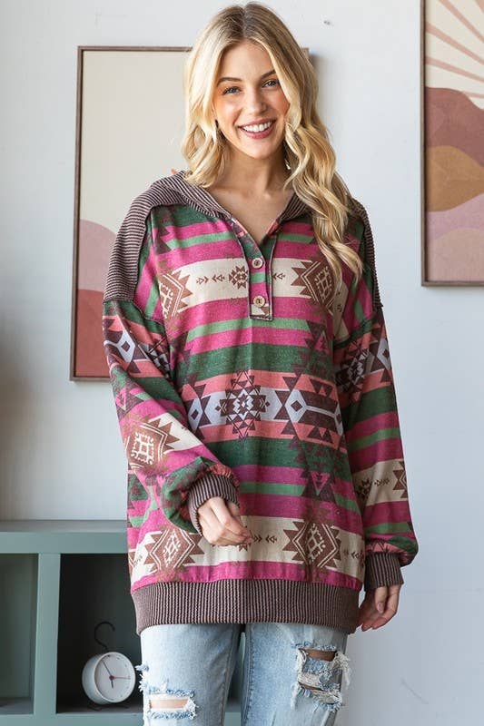 Aztec Print Hooded Long Sleeve Top