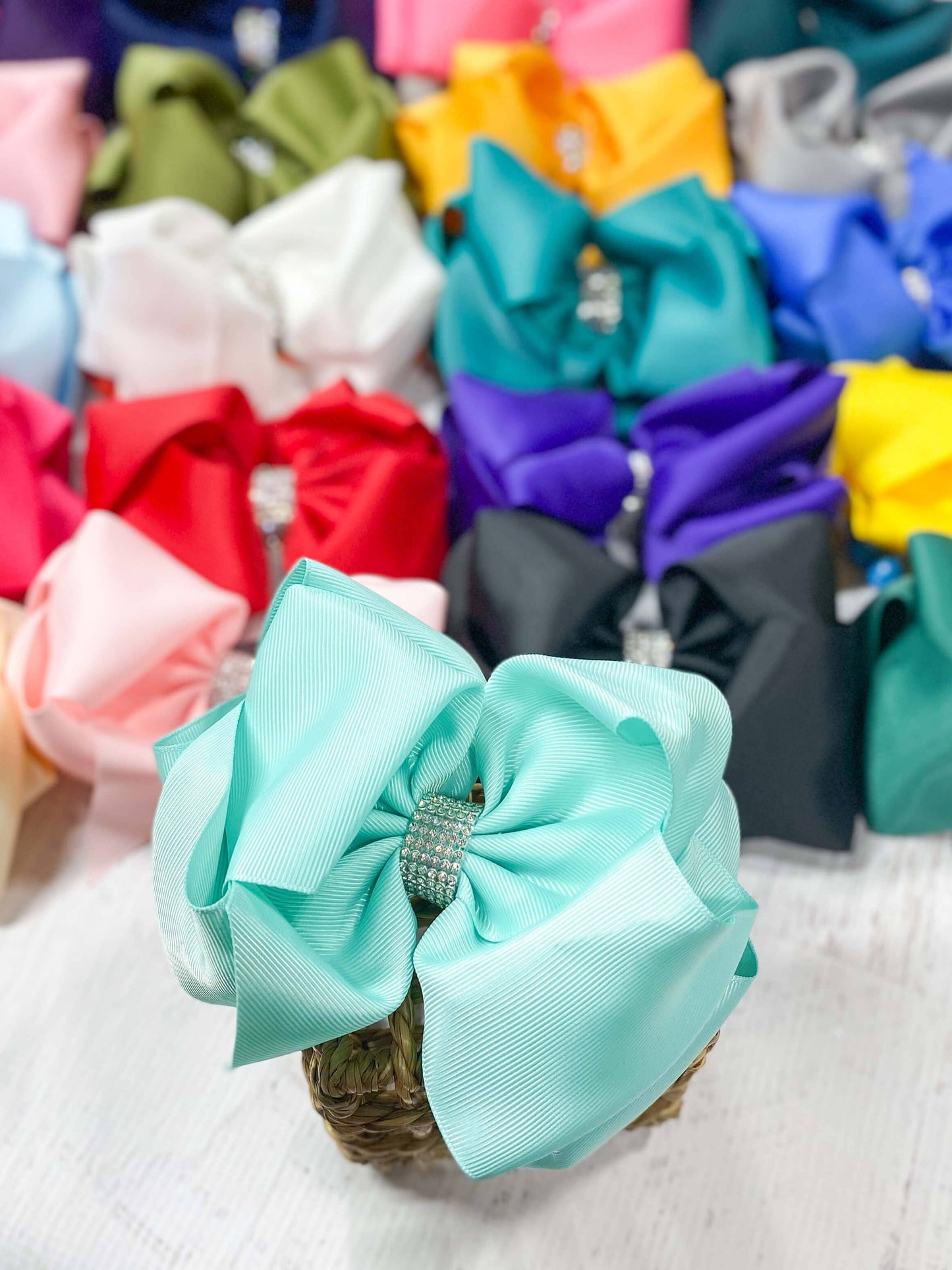 Texas Size Rhinestone Center Knot Hair Bows: Ivory