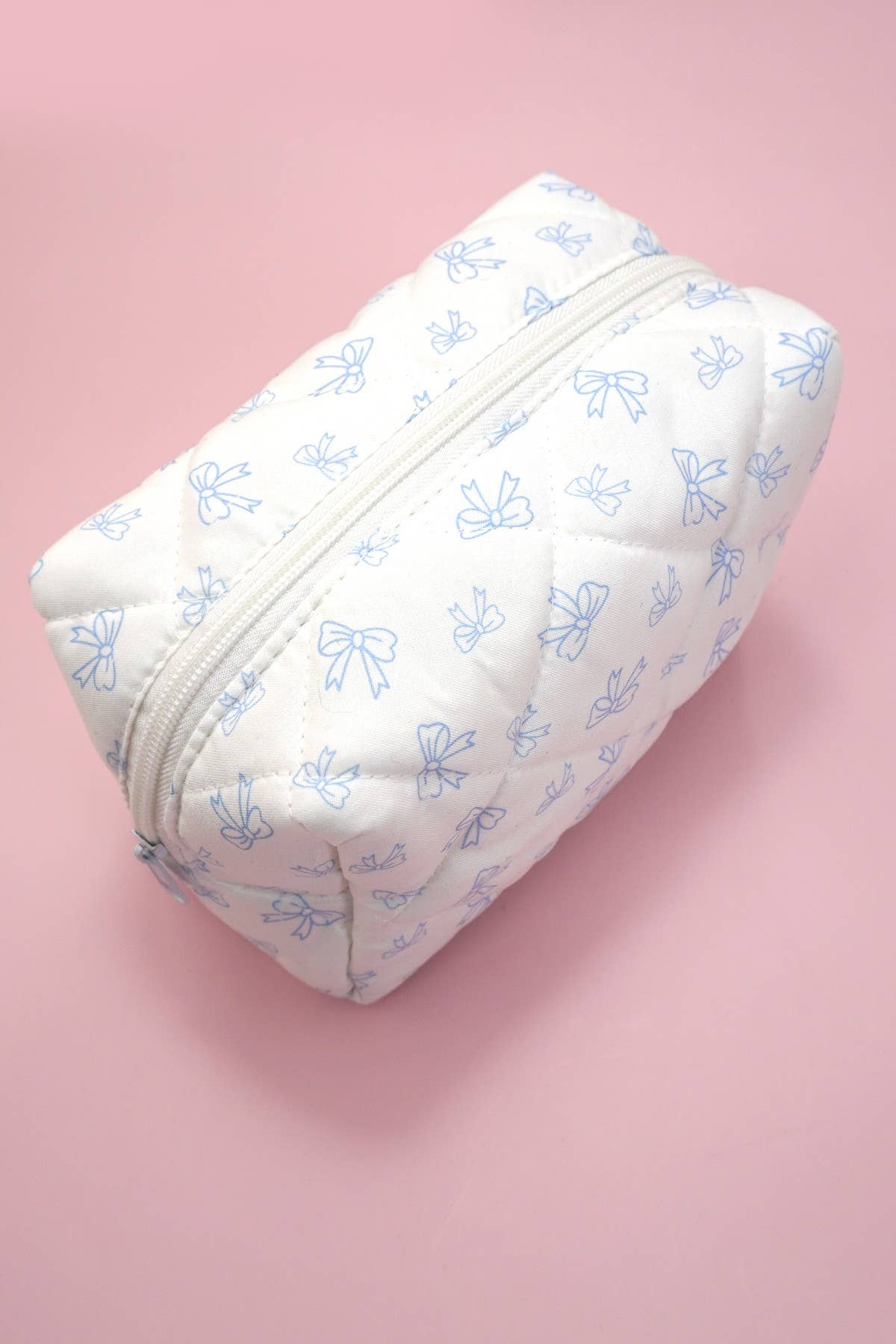 BLUE BOW QUILTED COTTON BOW COSMETIC POUCH BAG