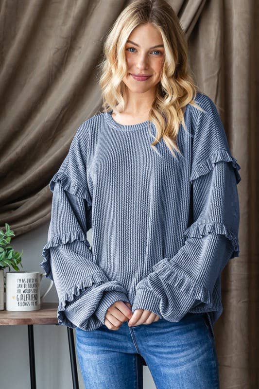 Coral Ruffle Sleeve Long Sleeve Top