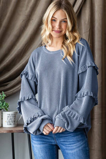 Coral Ruffle Sleeve Long Sleeve Top
