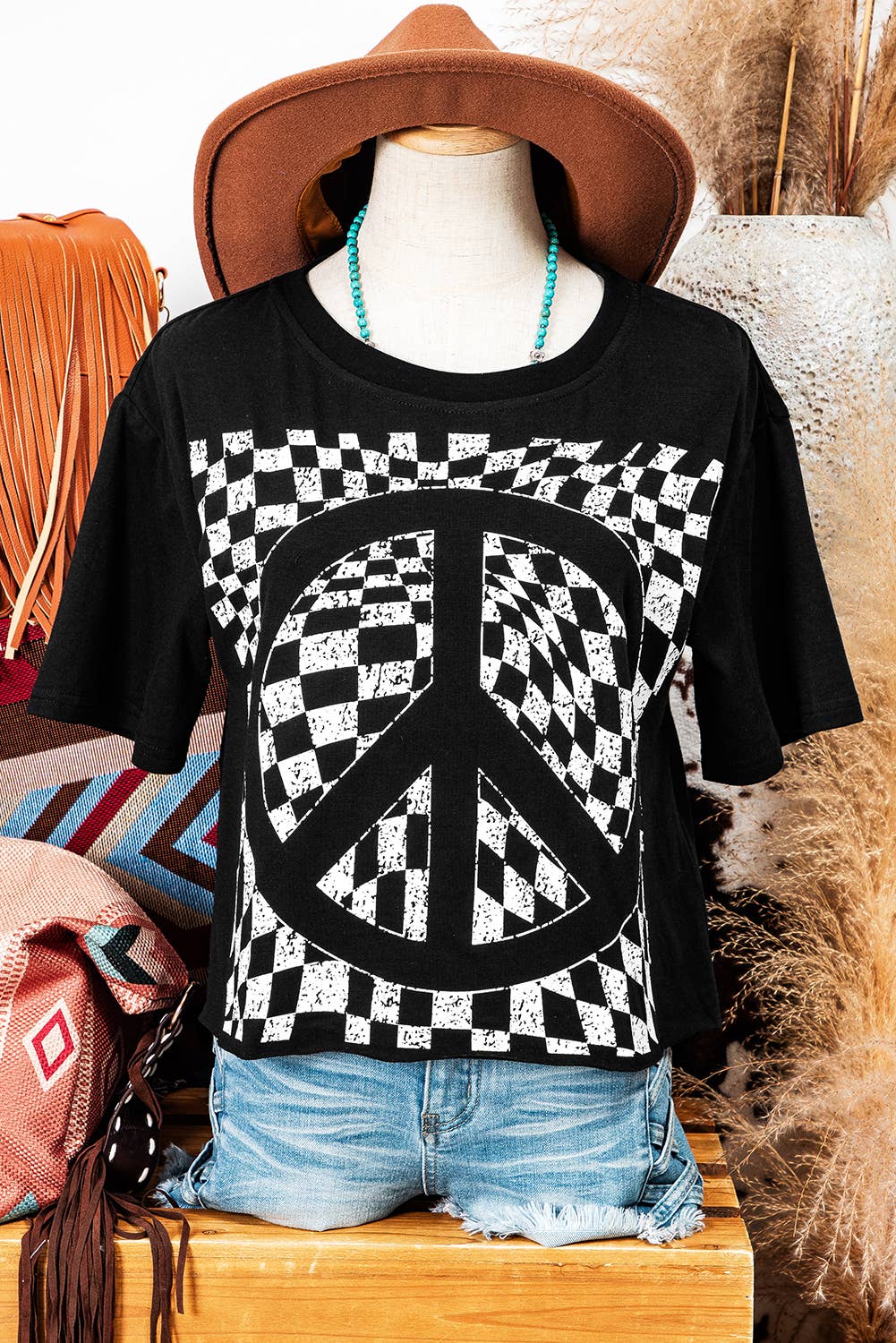 Checkerboard Peace Sign Printed Round Neck T Shirt