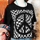 Checkerboard Peace Sign Printed Round Neck T Shirt