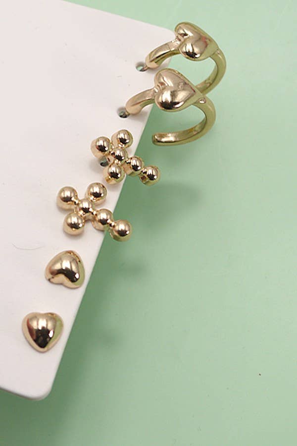 HEART CROSS  HUGGIE HOOP TRIO EARRINGS | 80E3421: Gold